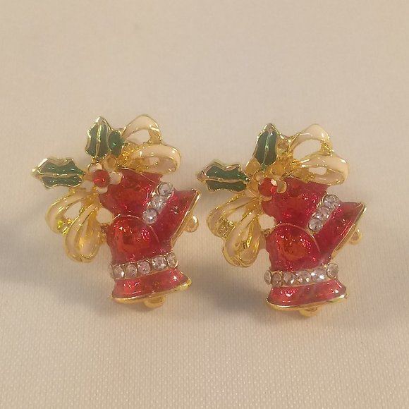 New Gold Red Christmas Bells Diamond Crystal Stud Earrings Holiday Festive Gift - Picture 1 of 5